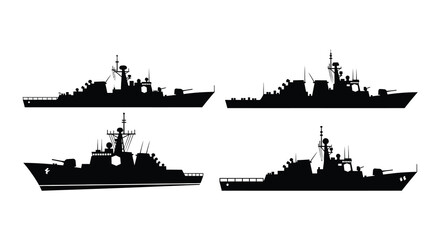 Four silhouettes of modern naval warships on a white background © MdNirob