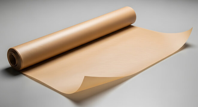 Roll of brown parchment paper unrolled on a gray surface for baking