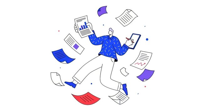 Businessman surrounded by flying documents working on tablet illustration