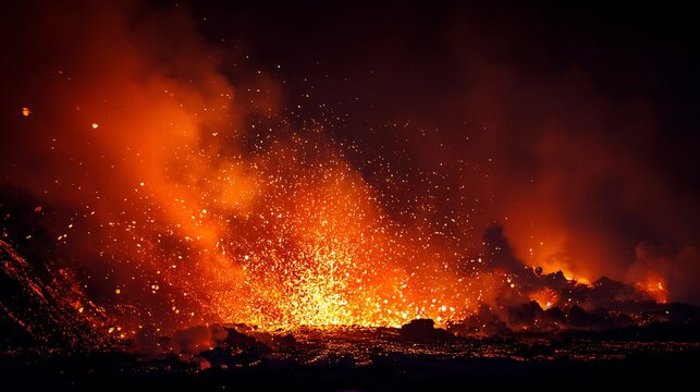 Night scene of a volcano erupting with fiery lava and explosive molten rock