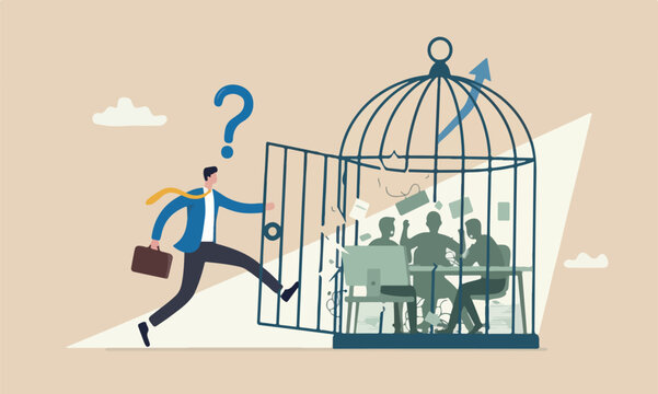 Break start pink bank meeting teams together for freedom, resign from toxic workplace or retirement concept, confidence businessman break free from toxic working desk bird cage
