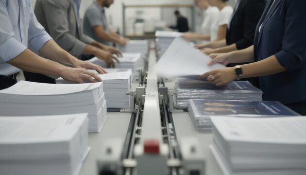 Fastpaced rush order binder assembly in medium shot concentrating on the synchronized staff effort handling clear covers and policies with blurred documents and equipment