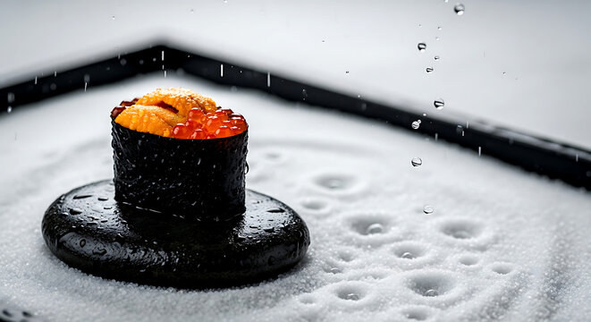 still life, Zen rock garden in rain a piece of uni gunkan on a wet black stone, with raindrop impacts creating tiny craters in the fine white sand around it 