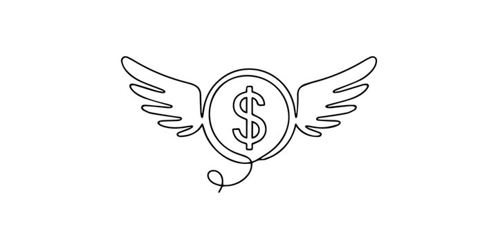Continuous line drawing of a dollar coin with wings representing the concept of fast movement, continuous line drawing of dollar coin with wings. Flying money. Economy, finance, money pictogram. Wealt