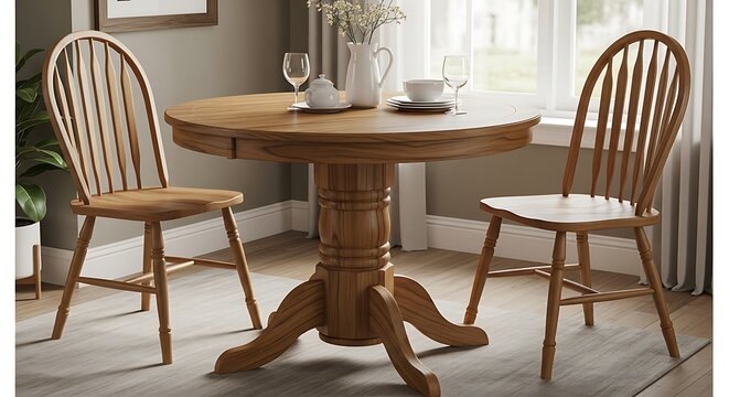 Rustic wooden dining set with two chairs and a round table in a cozy room illustration