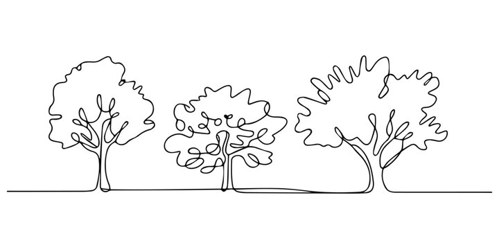 abstract sprawling branching three trees in a row, a forest of oak and birch Continuous One Line Drawing,Three leafy tree with roots and trunk nature environment concept in minimalist linear style.