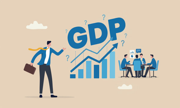 GDP meeting teams together profit value, annual percentage value report concept, businessman stand with GDP word and growing graph and chart