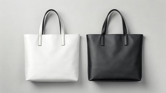 Classic black and white leather tote bags, minimalist design, isolated on white background