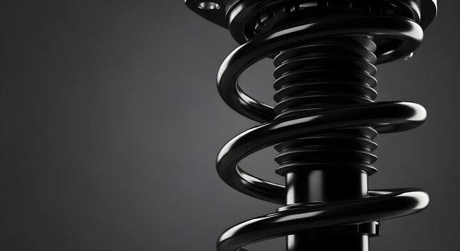 Close-up of a black automotive shock absorber and spring on a dark background, representing car suspension technology.
