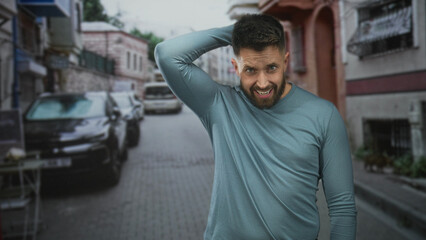 Fototapeta premium Man with beard scratches neck with hand on a narrow street between parked cars and old buildings, grimacing in discomfort; awkwardness hesitation.