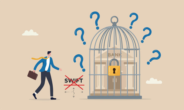 Financial sanction disconnect from SWIFT international money transfer, lockdown bank transaction against Russian war concept, businessman look at bank building locked inside bird cage