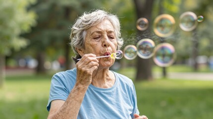 Fototapeta premium Elderly Woman Blowing Bubbles in a Park on a Sunny Day