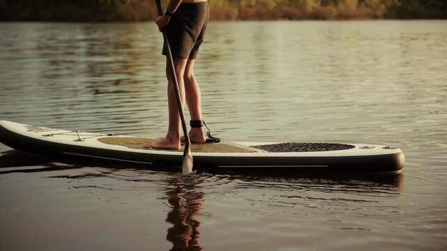 Paddling On Stand Up Paddleboard. Surfer Balancing On SUP Board During Evening Workout. Active Lifestyle On Water
