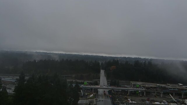 Flying through the gloomy Seattle over interstate highway 5