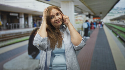 Fototapeta premium Woman touching head with one hand and finger to temple at a crowded train platform inside a station building, appearing pensive and unsteady; worry confusion.