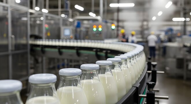 Automated milk bottling line in modern dairy food production factory.