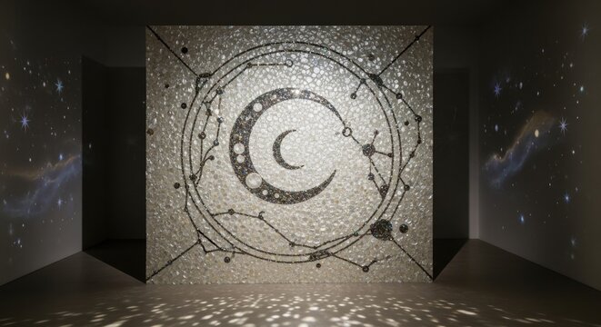 Intricate celestial moon and constellation pattern illuminated with ethereal light