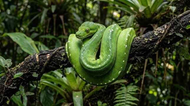 Green tree python coiled on branch close up vibrant snake reptile wildlife detail