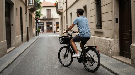 Fototapeta premium Young Man Cycling Down a Quiet Urban Street in Summer Morning Light