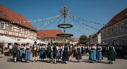 Obraz premium Traditional Bavarian Maypole Festival in a Historic German Town Square.