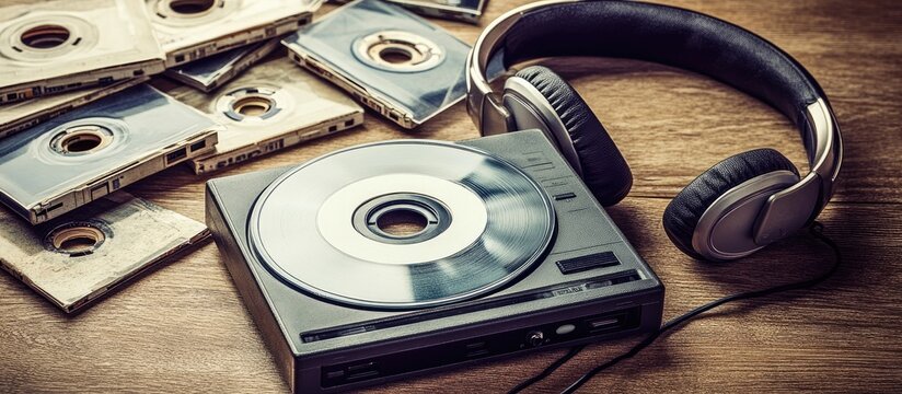 Retro Soundscape: A Nostalgic Collection of Cassette Tapes, a CD Player, and Headphones on a Wooden Table.