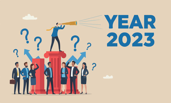 Year 2023 outlook, business opportunity new challenge in ahead vision decision forward perspective concept, confidence team red pillar businessman through telescope year 2023