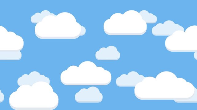 Seamless loop of flat cartoon clouds moving across a blue sky, 2D animation background