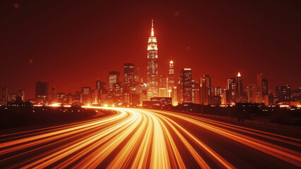 Fototapeta premium City Skyline at Night with Glowing Light Trails From Traffic