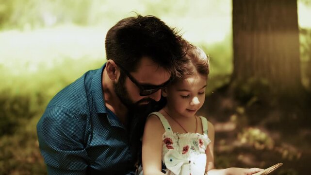 Father And Child Reading Book Together In Summer Park. Fatherhood And Childhood Education. Family Bonding and Parenting 