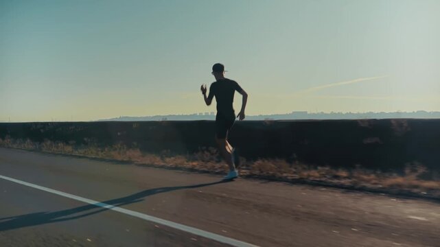 Runner Jogging On Asphalt Road During Sunrise. Athlete Training For Marathon In Early Morning