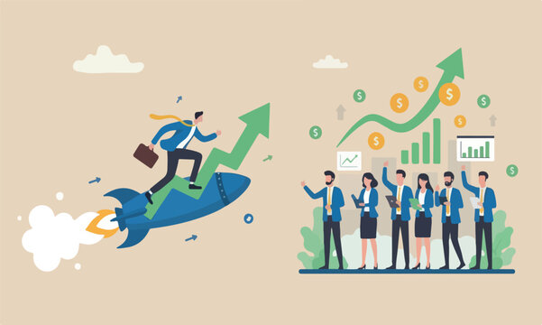 Financial teams together growing business for success concept, businessman riding rocket booster with growth arrow