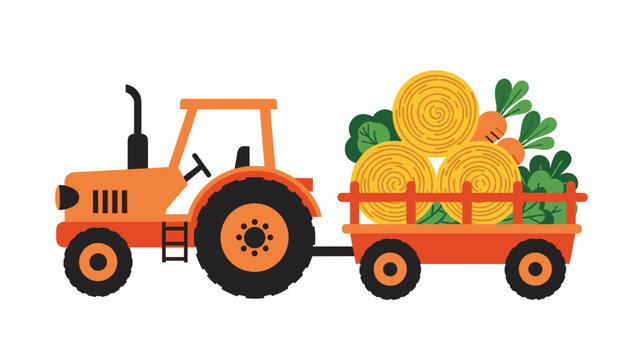Bright orange farm tractor pulling a trailer filled with hay bales carrots and green vegetables for agriculture and harvest season themes.