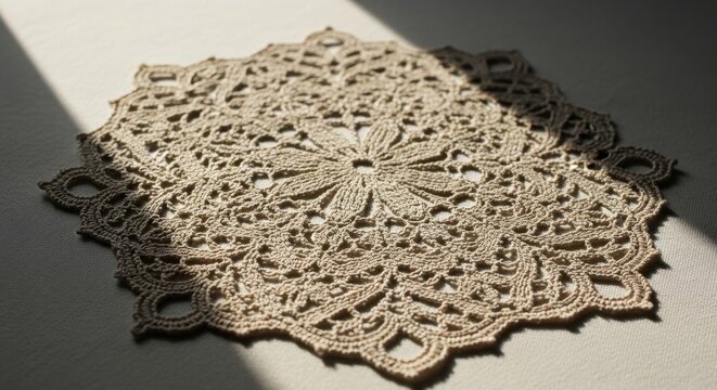 Intricate beige floral lace doily with delicate handcrafted patterns, showcasing vintage artistry and traditional textile design.