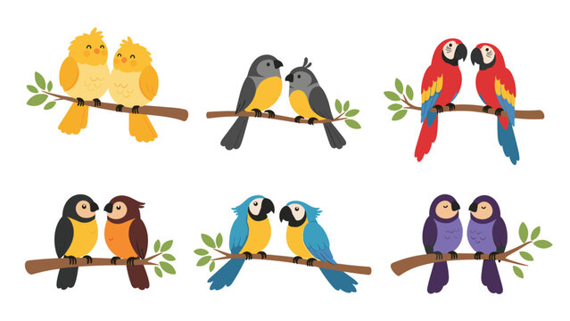 Assorted pairs of colorful cute birds perching on tree branches in various poses for nature wildlife and romantic couple themed designs.