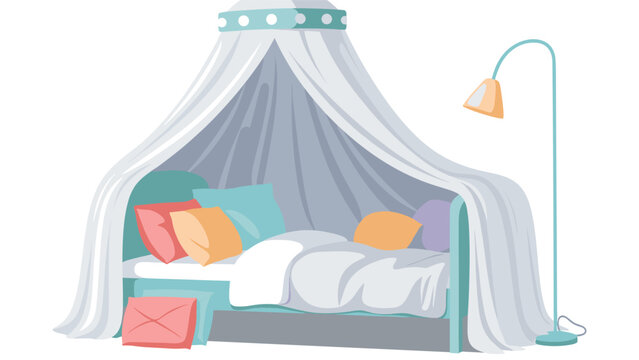 Cozy children bed with a white canopy colorful pillows a warm blanket and a stylish floor lamp in a clean room.