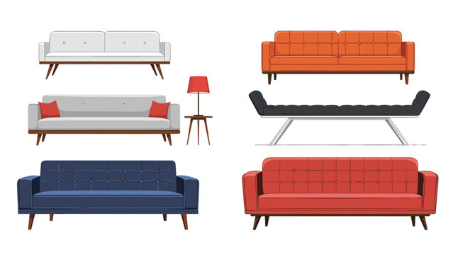 Modern collection of diverse sofa designs in various colors like blue orange red and white for living room interior.