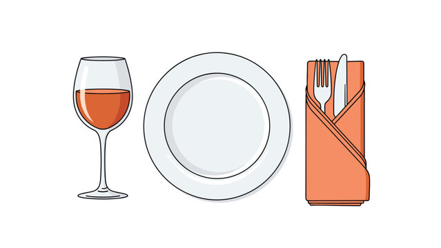 Simple table setting illustration featuring a glass of rose wine, a clean white plate, and a fork and knife in a napkin.