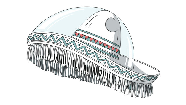 Detailed illustration of a traditional white Mexican sombrero hat decorated with blue and red patterns and fringe.