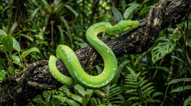 Green tree python coiled on branch close up vibrant snake reptile wildlife detail