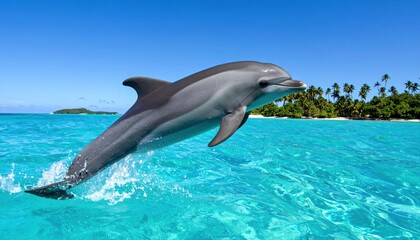 Fototapeta premium A graceful dolphin leaps from turquoise ocean water with a tropical island in the background