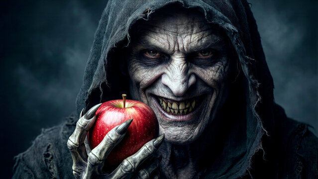 Sinister old witch with wrinkled face holding a red apple in dark hooded cloak