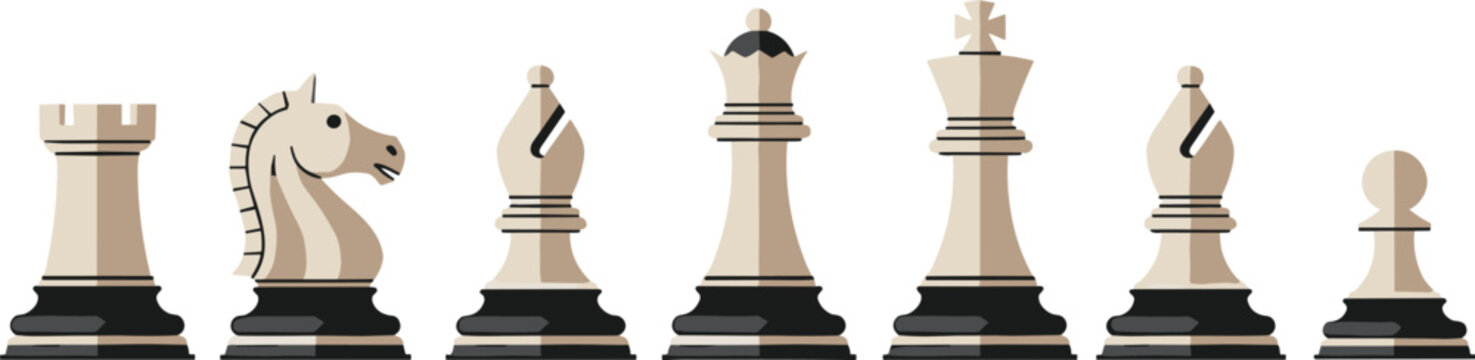 Chess Pieces Vector Set Including Rook, Knight, Bishop, Queen, King, and Pawn for Board Game, Strategy, and Educational Designs