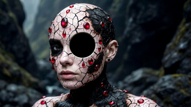Surreal portrait of a woman with cracked skin and dark empty eye socket adorned with red gems