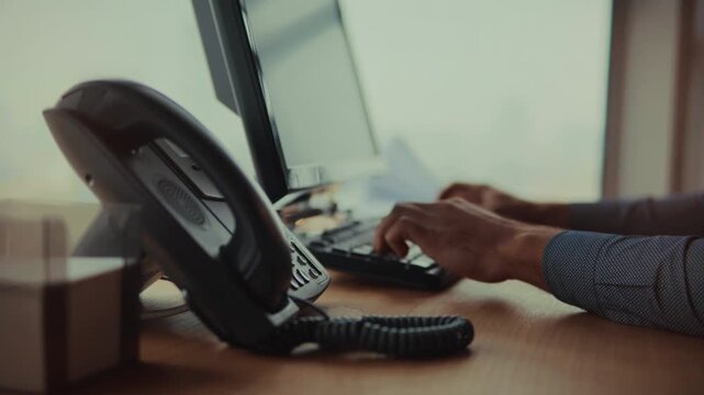 Manager Using Wired IP Phone. Communication Services In Workplace.  Office Worker Reaching Out To Customer Via Phone