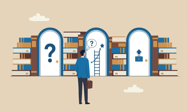 Choosing, books decide for new job or select important chance, right or wrong decision concept, businessman think to choose the right door