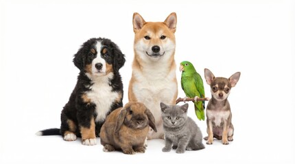 Fototapeta na wymiar Group of pets: fluffy tricolor puppy, tan dog, green parrot, small brown dog, gray kitten, and brown rabbit sitting together
