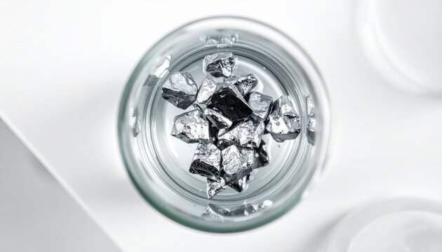 Small, Silvery Sodium Metal Chunks Carefully Submerged in Clear Mineral Oil, Isolated