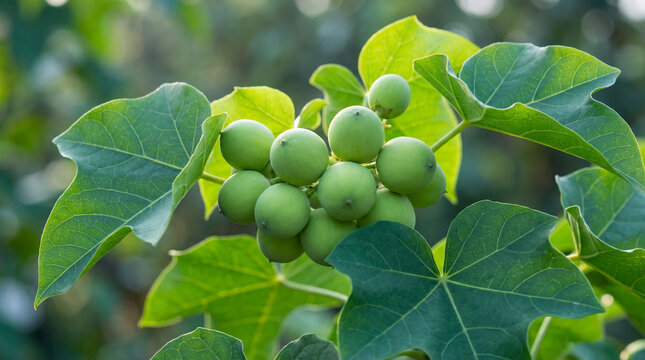 Clusters of green fruits on a Jatropha curcas plant with vibrant leaves, showcasing natural growth and biofuel potential
