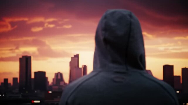 Over-the-shoulder video of a lone figure in a gray hoodie, a silhouette against fiery orange to indigo sunset over a vast city skyline, slow zoom out, depth of field shift, contemplative neo-noir