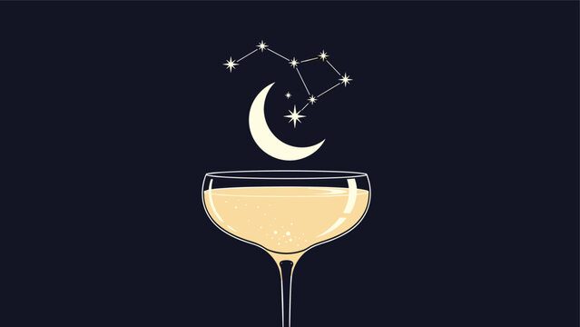 Ethereal illustration depicts a starry constellation and crescent moon floating gracefully above a glass of sparkling champagne.